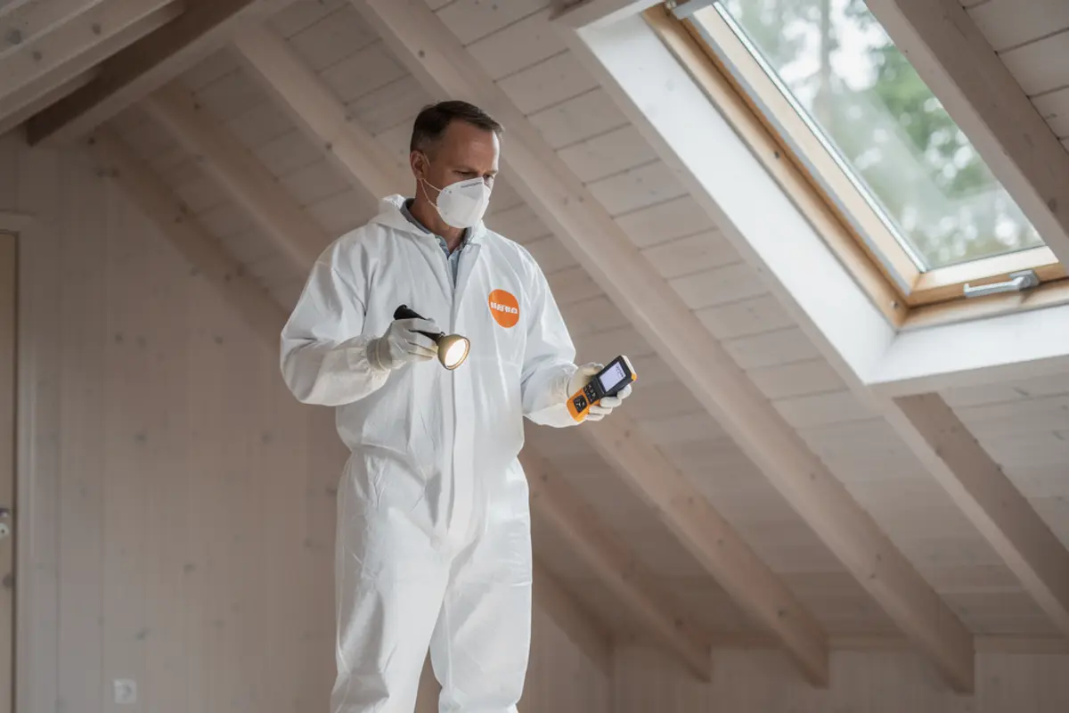 Saneringstekniker i vit overall med orange emblem inspekterar en vind med lampa och fuktmätare i ett småländskt trähus i Alvesta