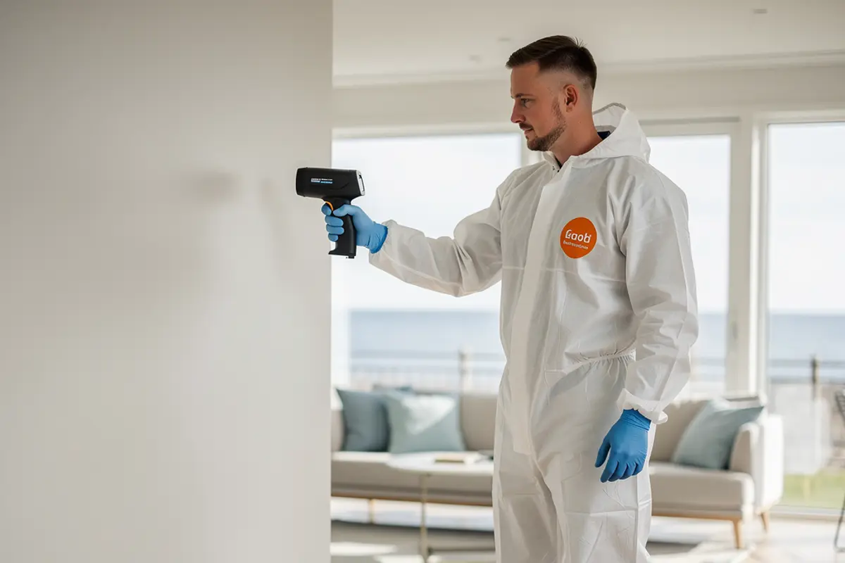 Saneringstekniker i vit overall med orange emblem genomför värmekameraundersökning av en vägg i ett hus i Ängelholm