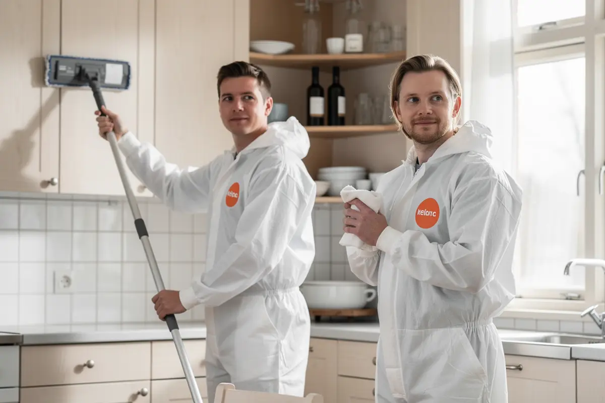Saneringstekniker i vita overaller med orange emblem sanerar ett kök i en bondgård i Bollnäs
