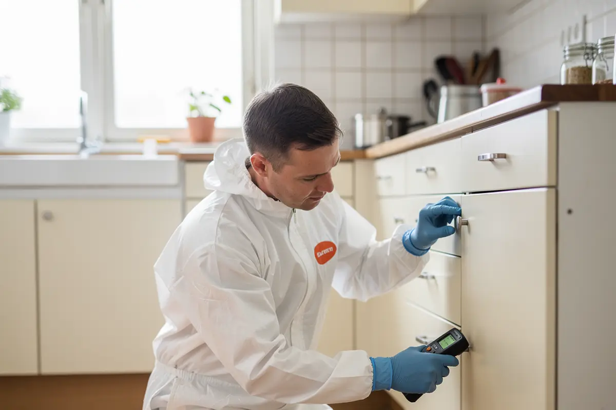 Saneringstekniker i vit overall med orange emblem utför fuktmätning i ett kök i en lägenhet i Botkyrka