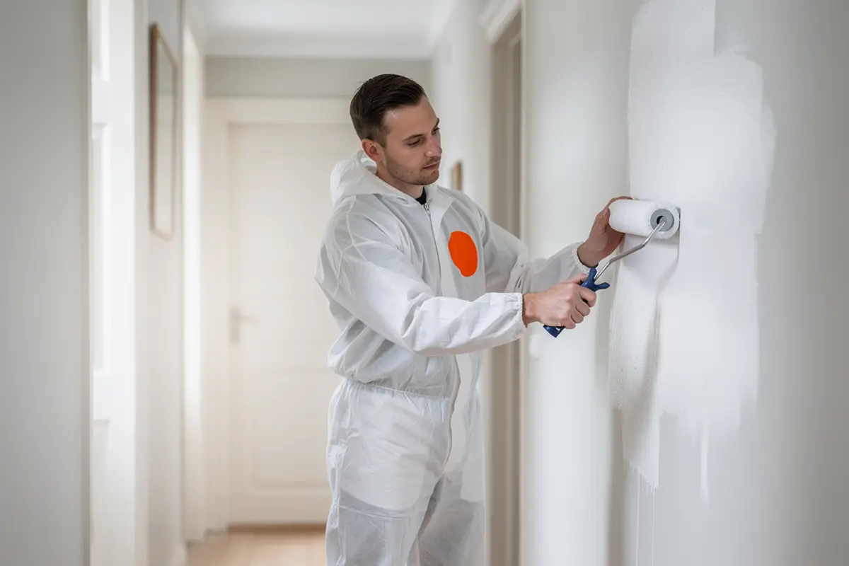 Saneringstekniker i vit overall med orange emblem målar en hallvägg med spärrfärg i ett äldre hus i Hässleholm