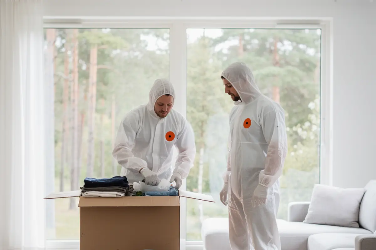 Två saneringstekniker i vita overaller med orange emblem packar sorterade flyttkartonger i en ljus villa i Huddinge