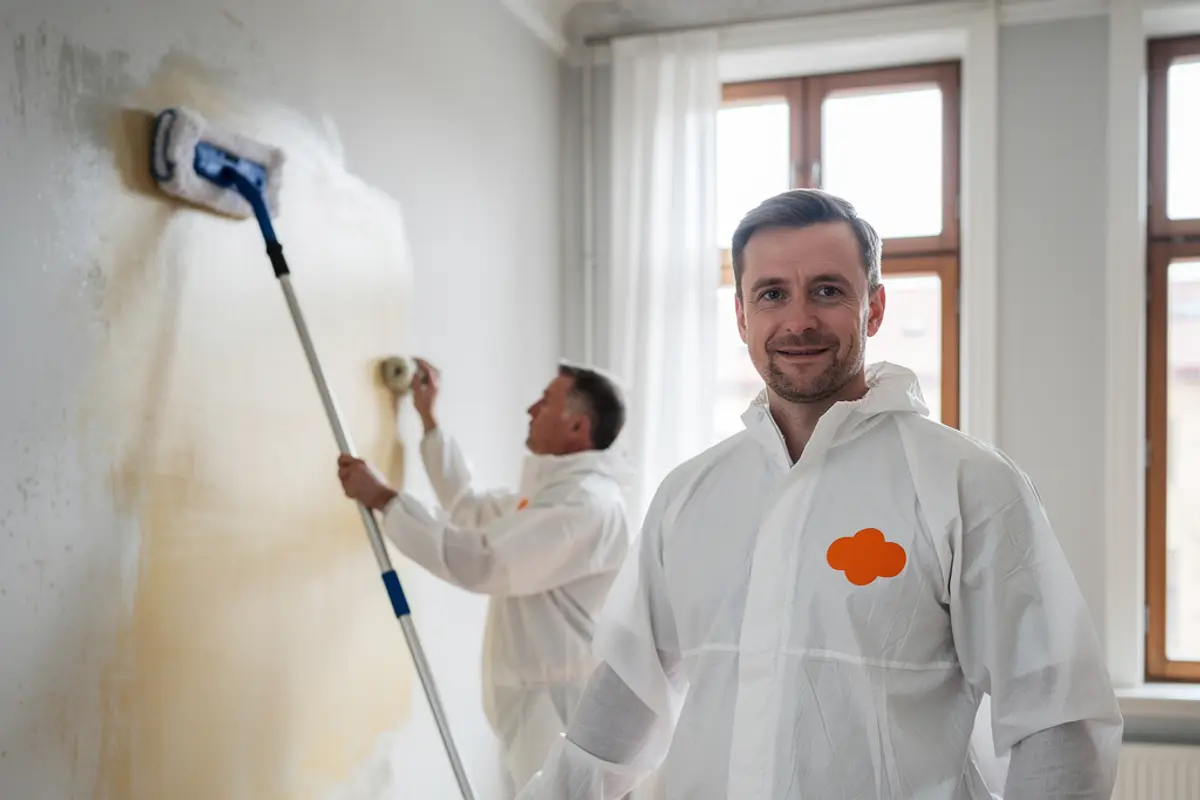 Saneringstekniker i vita overaller med orange emblem tvättar väggar vid nikotinsanering i en lägenhet i Köping