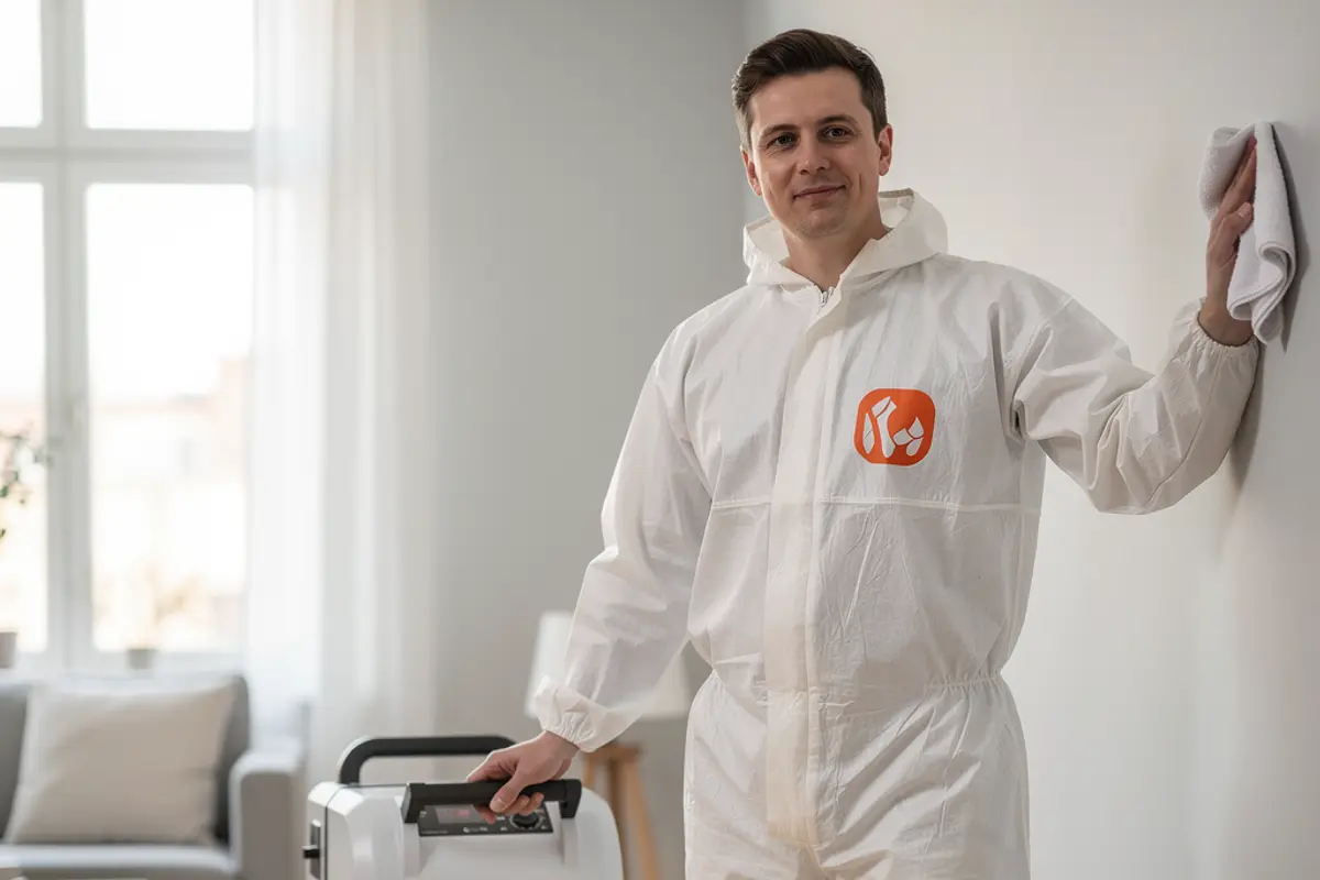 Saneringstekniker i vit overall med orange emblem avslutar röksanering i ett vardagsrum i Ludvika