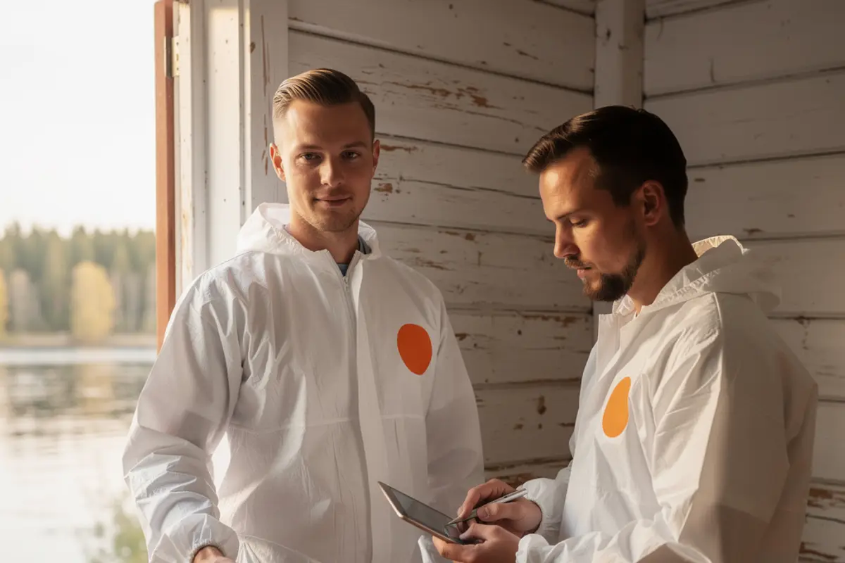 Saneringstekniker i vita overaller med orange emblem utför fuktmätning i ett äldre trähus i Säffle