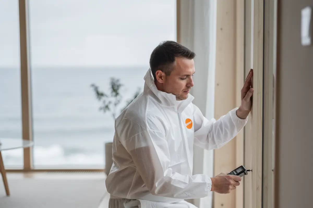 Tekniker i vit overall med orange emblem utför ozonbehandling i en lägenhet i Söderhamn