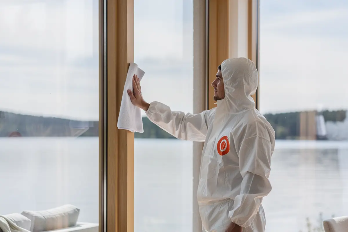 Saneringstekniker i vit overall med orange emblem rengör fönsterkarmar i en sjönära villa i Sollentuna