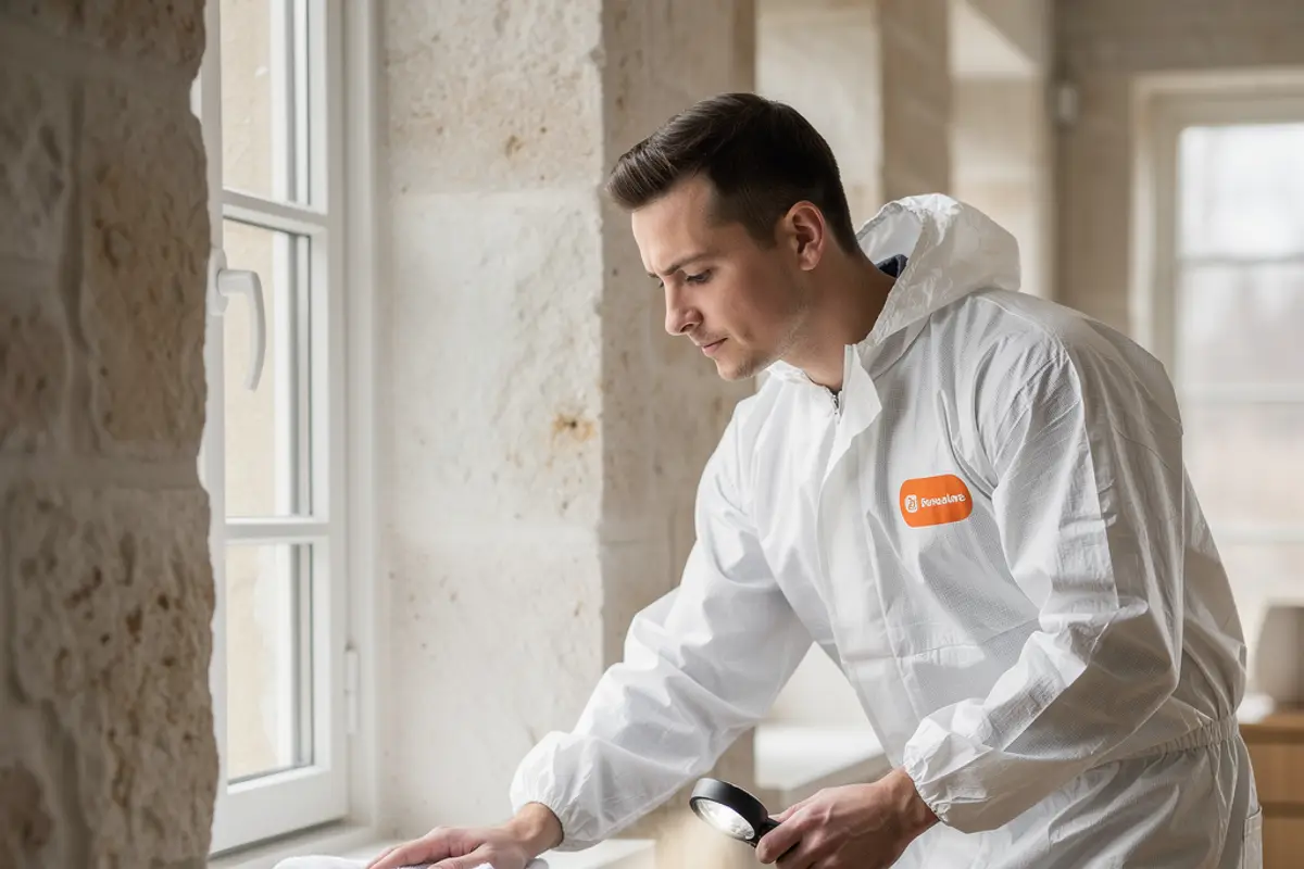 Saneringstekniker i vit overall med orange emblem gör slutkontroll med mikrofiberduk i ett ljust kalkstenshus i Visby