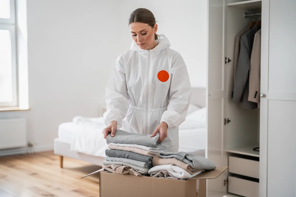 Saneringstekniker i vit overall med orange emblem rengör fönsterkarmar i en sjönära villa i Sollentuna