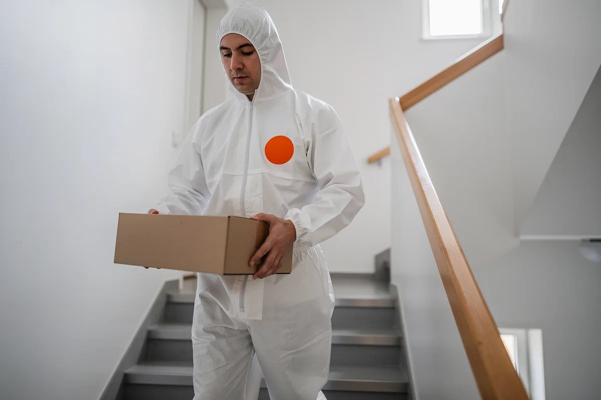 Saneringstekniker i vit overall med orange emblem utför fuktmätning på en träbjälke i ett äldre trähus i Mariestad