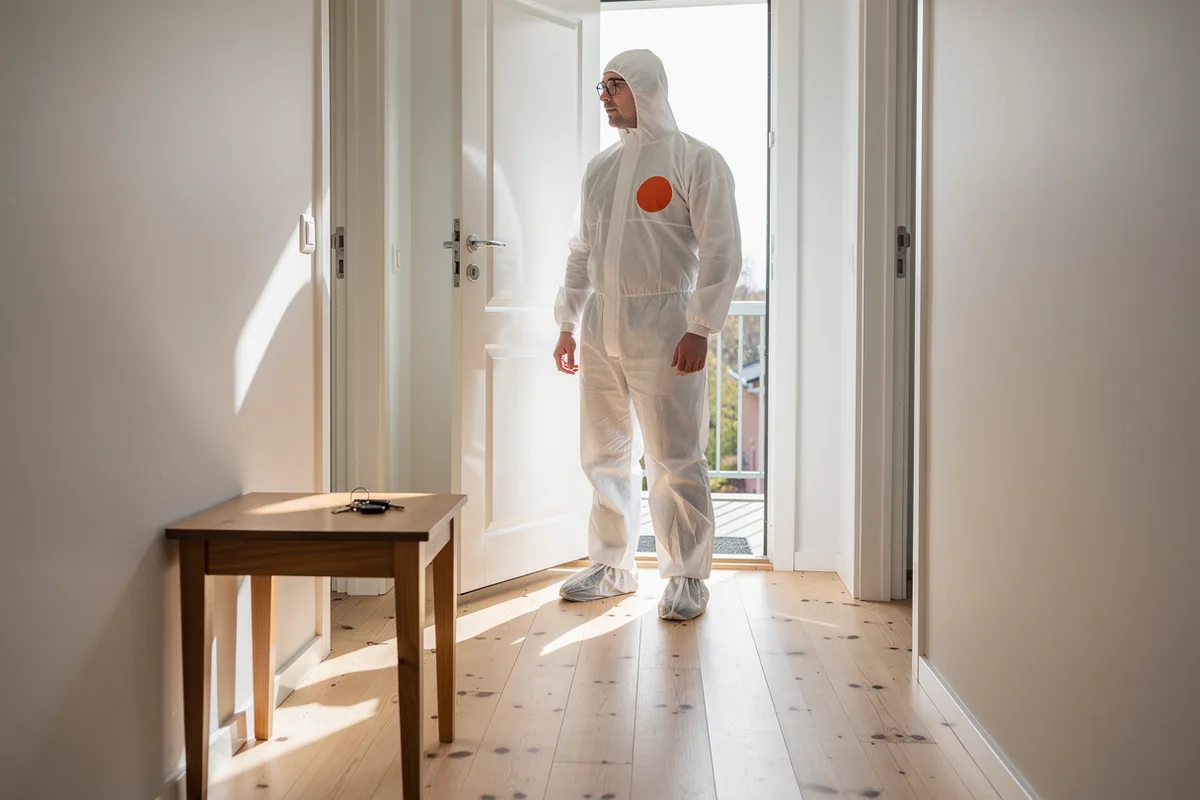 Saneringstekniker i vit overall med orange emblem djuprengör en tygsoffa i ett modernt radhus i Täby