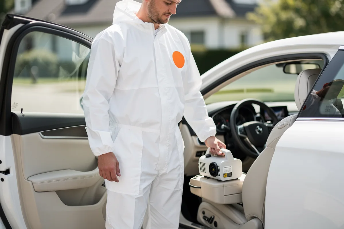 Tekniker i vit overall med orange emblem förbereder ozonbehandling i en fritidsstuga i Mora