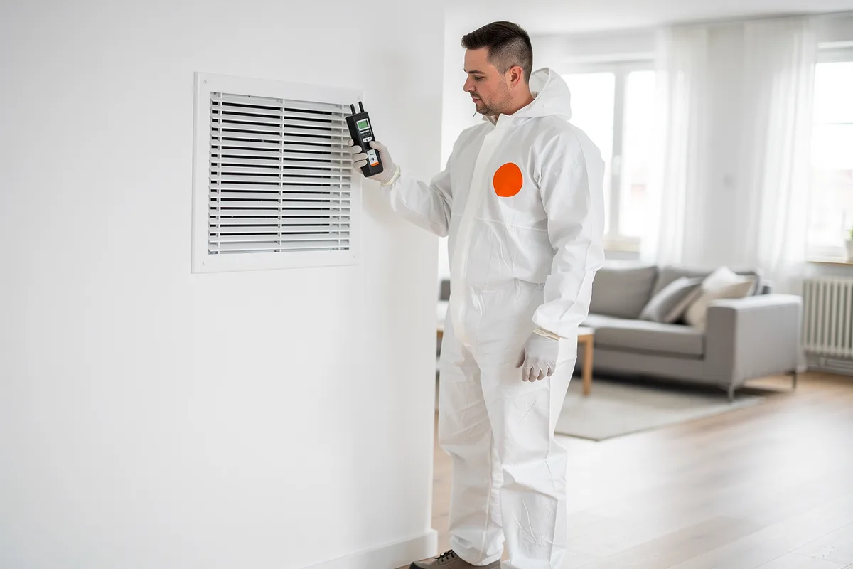Saneringstekniker i vit overall med orange emblem rengör en köksfläkt i en villa i Partille