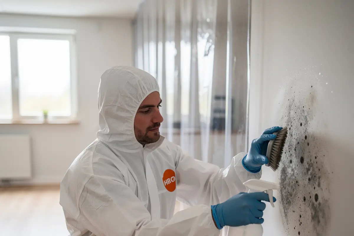 Tekniker behandlar mögel på en källarvägg med spray och borste