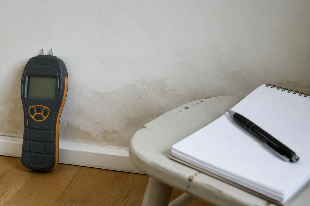 Besiktningstekniker utför fuktmätning i en vägg efter vattenskada i en svensk villa